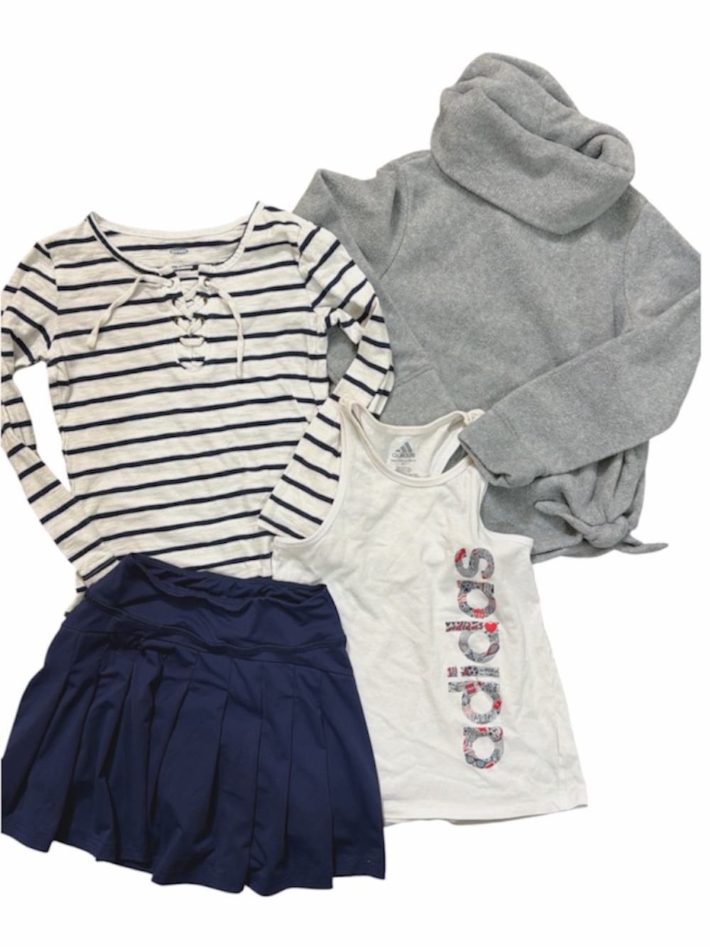 Girls 4 piece tops, sweater and tennis skirt navy white grey 6